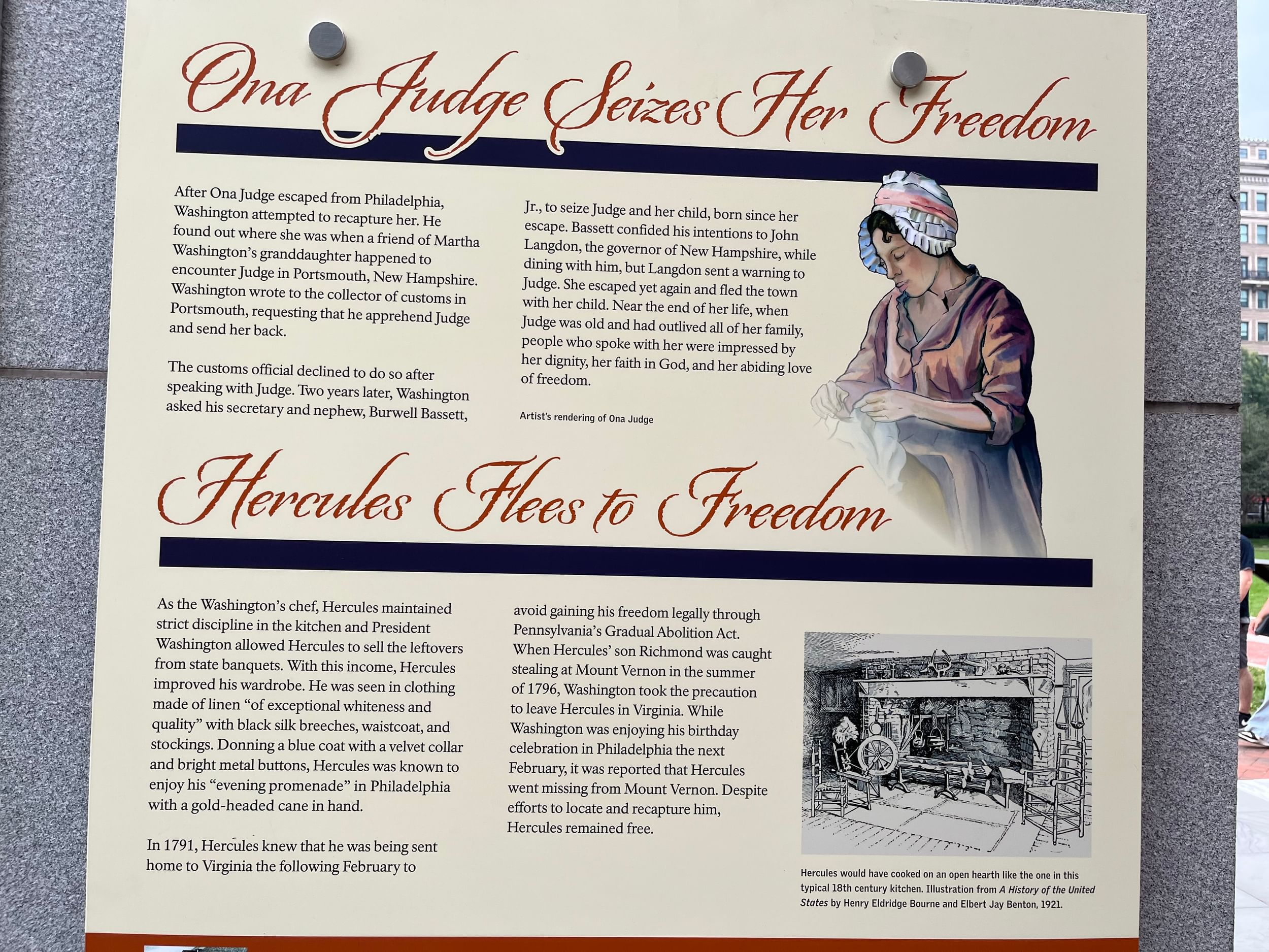 Closeup on a beige informational panel with the title “Ona Judge Seizes Her Freedom” and demure illustration of her at right