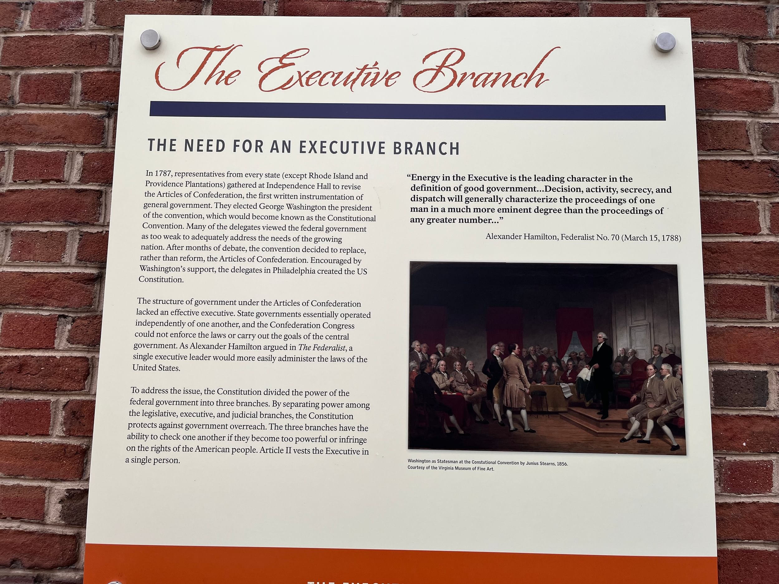 Large beige informational panel with small text and a red script heading that says “The Executive Branch”