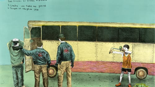Print illustration of two ICE officers putting a man on a yellow bus while a child, at right, aims a cactus slingshot at them