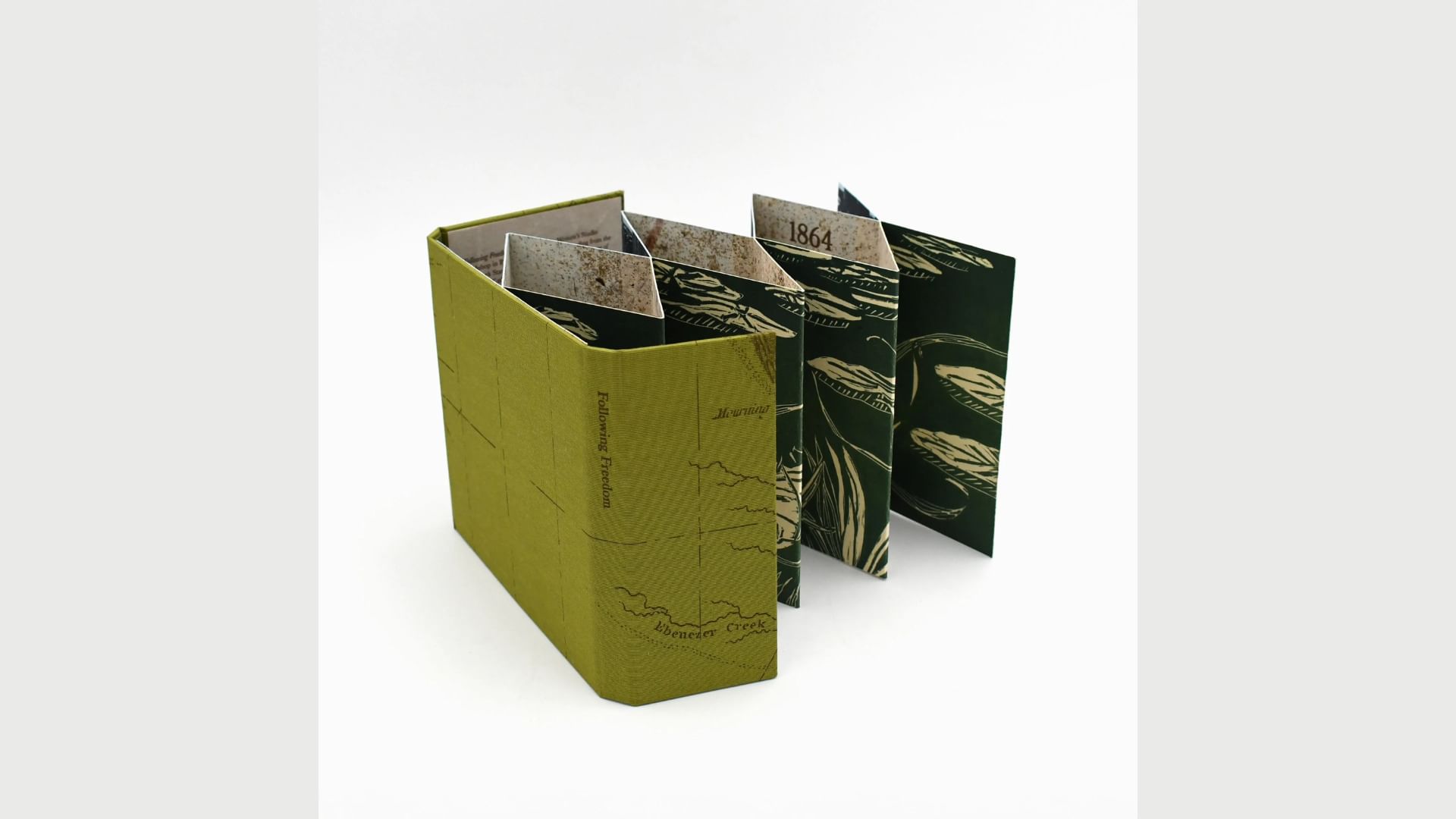 Handcrafted book structured like an accordion, with a textured olive-green cover at left and dark pages printed with lilypads