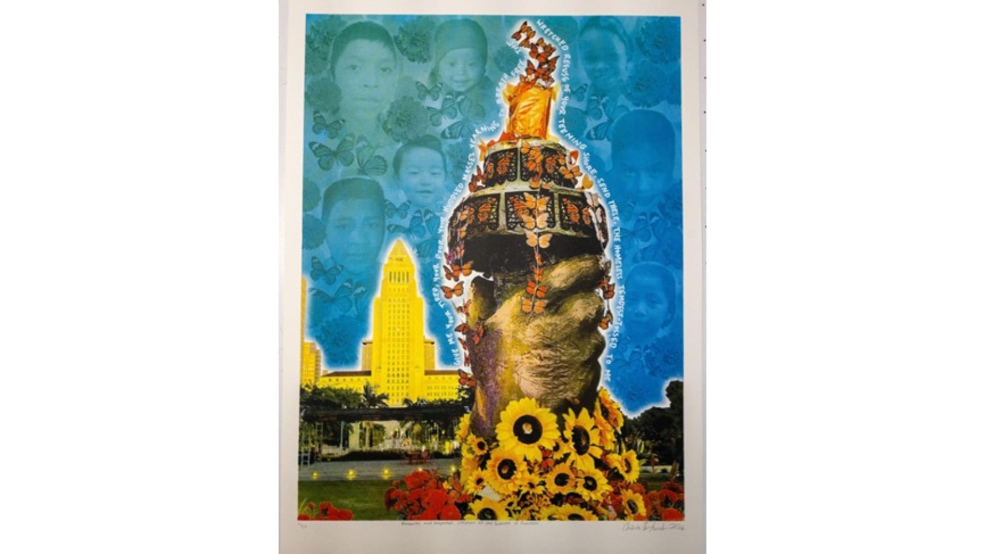 The Statue of Liberty’s torch arm, incorporating sunflowers & butterflies, handwritten poetry bordering it