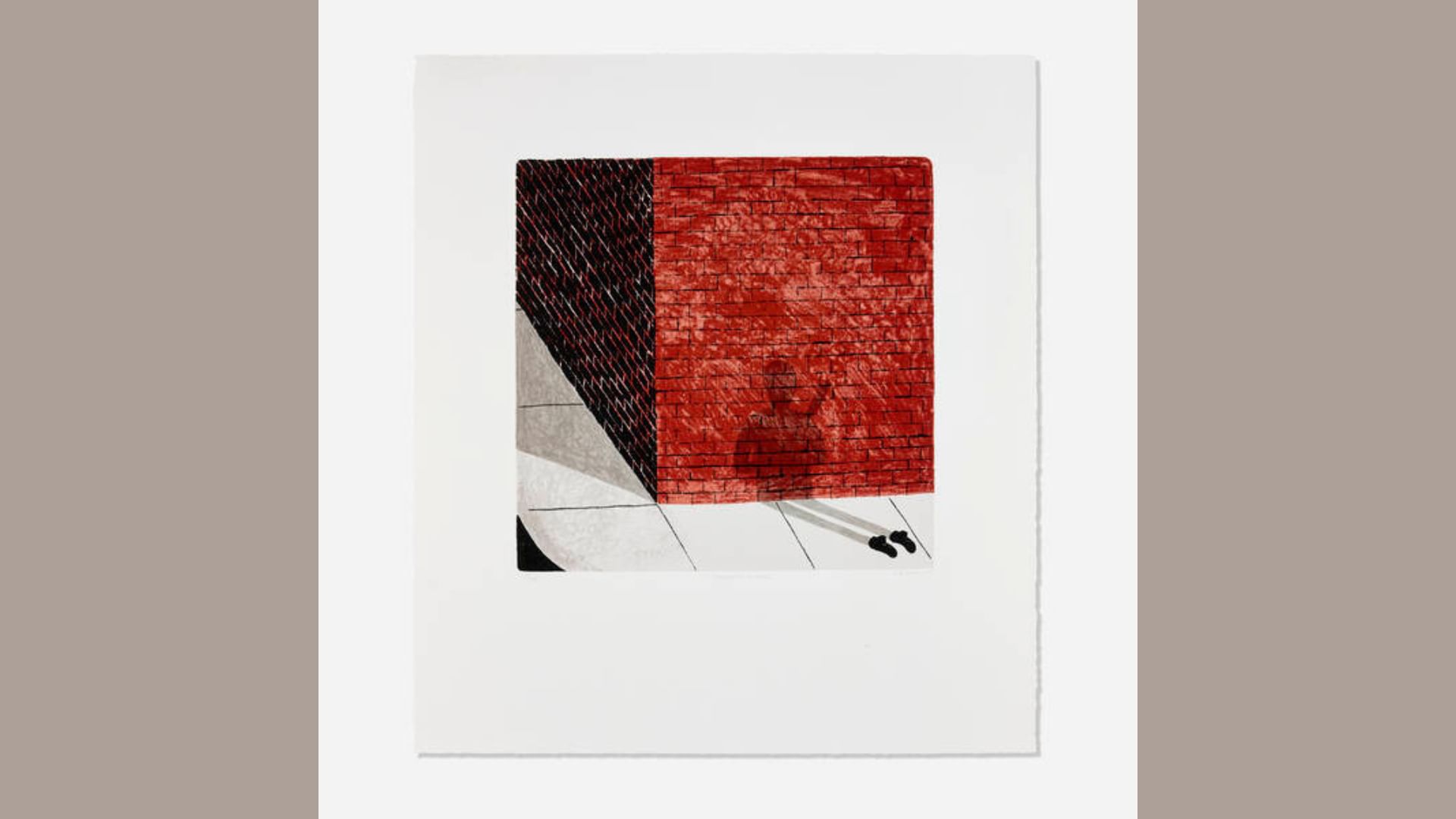 Print showing a bare red brick corner, with a shadow of an otherwise invisible person coming from two black shoes.