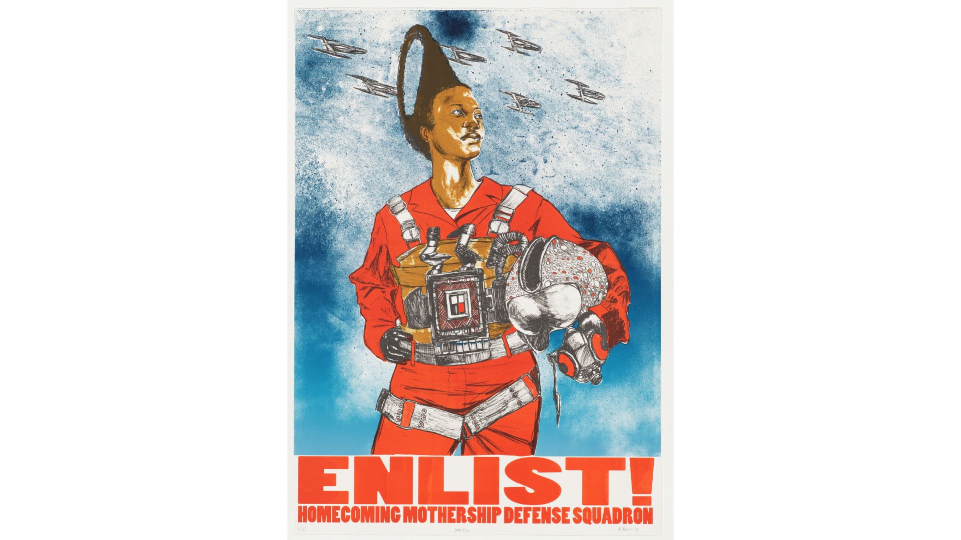 War propaganda-style print with a confident Black woman in a red flight suit, futuristic jets flying in formation above