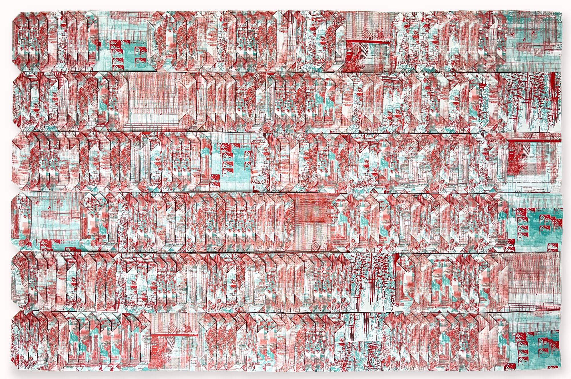 Large rectangular art piece made of dozens of repurposed Indonesian documents, with an abstract flow of red white & turquoise