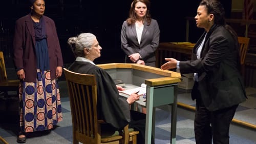 Some of the actors in their dual roles. Seated, Janis Dardaris; standing, Melanye Finister, Antoinette LaVecchia, Yvette Ganier. (Photo by Mark Garvin.)