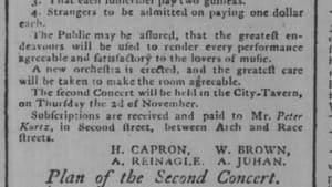 Scan of 1786 newspaper ad for concerts at City Tavern, detailing a musical program and subscriber policies in funny old text