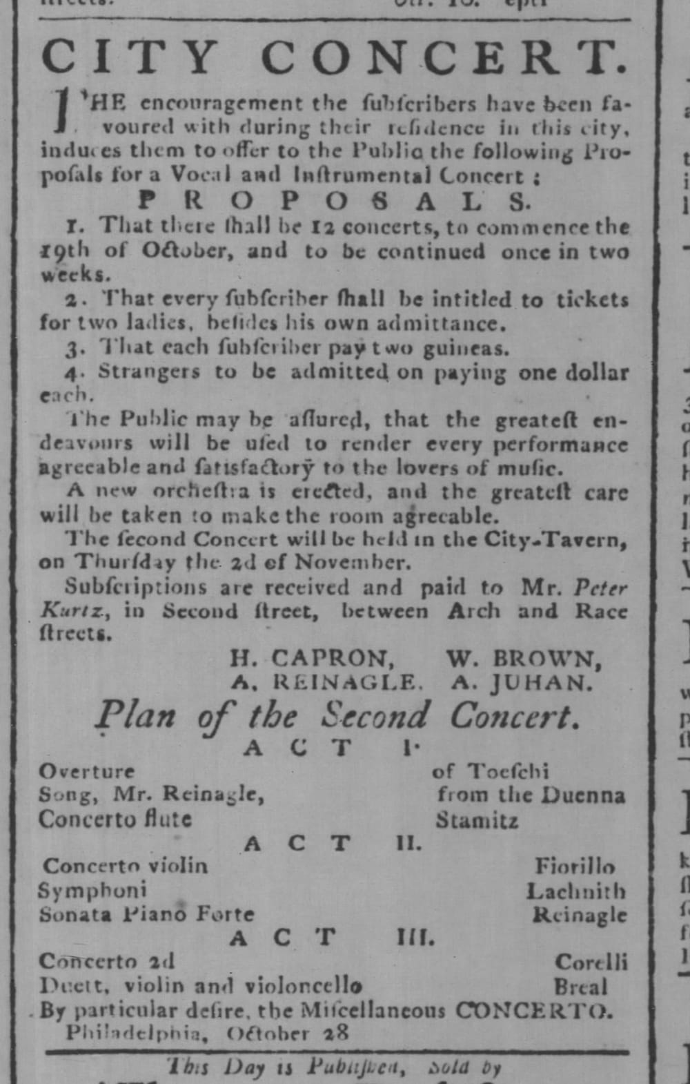 Scan of 1786 newspaper ad for concerts at City Tavern, detailing a musical program and subscriber policies in funny old text