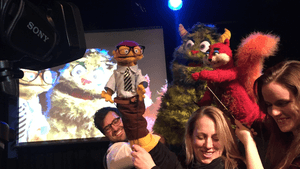 Joe Sabatino's puppets perform improv, both live onscreen and with their assistants. (Photo courtesy of ComedySportz Philadelphia.)