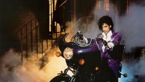 Movie poster of Purple Rain. Prince on a motorcycle, posing for camera, fog fills a dimly lit area