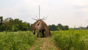 Sculpture Queen Anne’s Lace Pod by Ian Stabler, in a green meadow. It evokes a giant upside-down tulip made of wood pieces