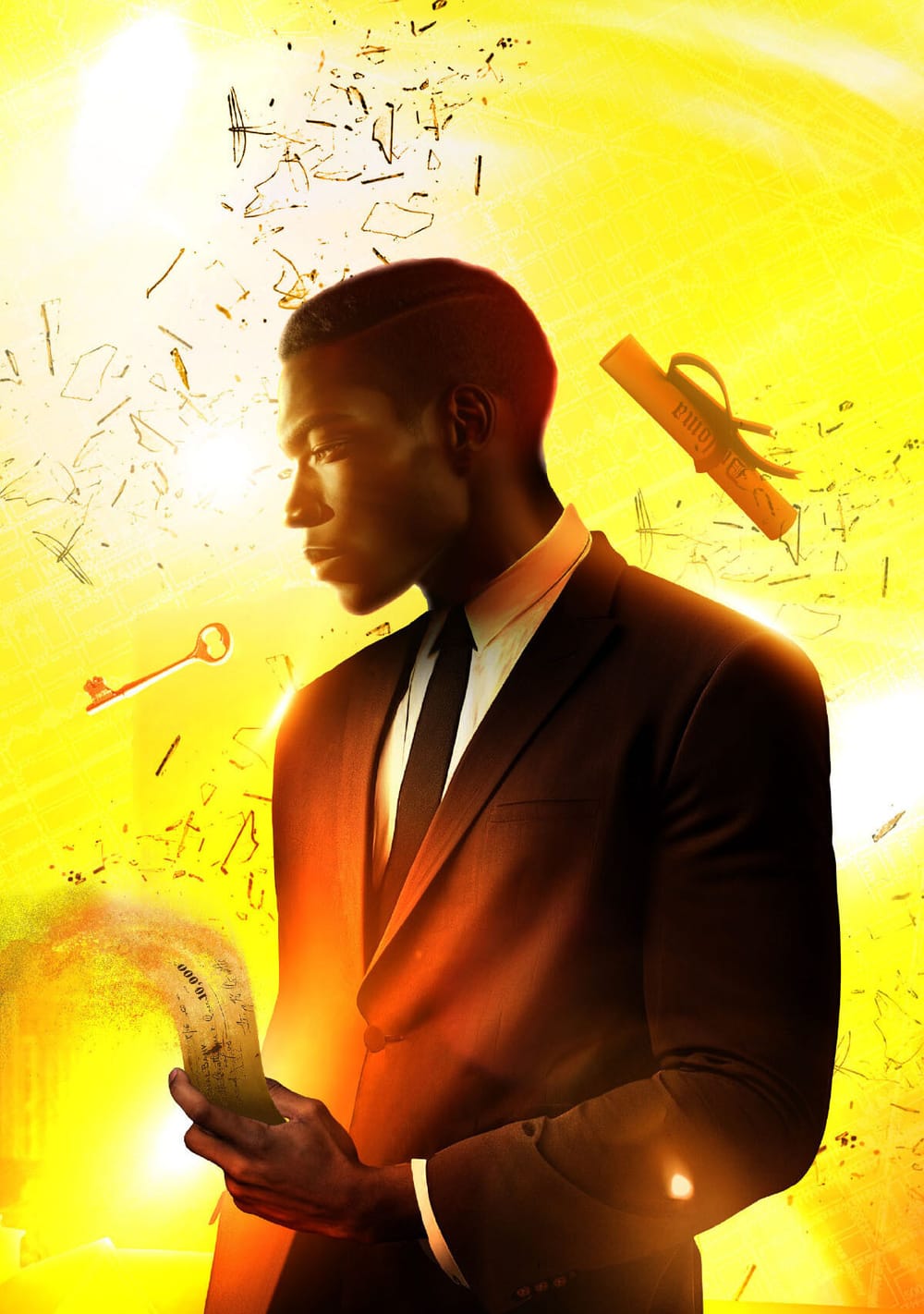 Play poster, illustrated Black man in a suit holding a check that is burning away, against a yellow backdrop