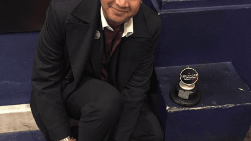 Rajendra Ramoon Maharaj with the Barrymore Award for his 2015 play 'Little Rock.' (Photo via Creative Commons/Wikimedia)