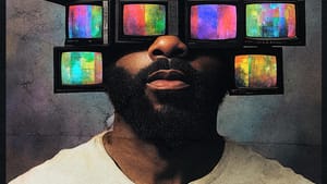 Portrait of Zakat. Several TVs with screens splashed with color cover his face. Wears a shirt that says Uses of The Ironic