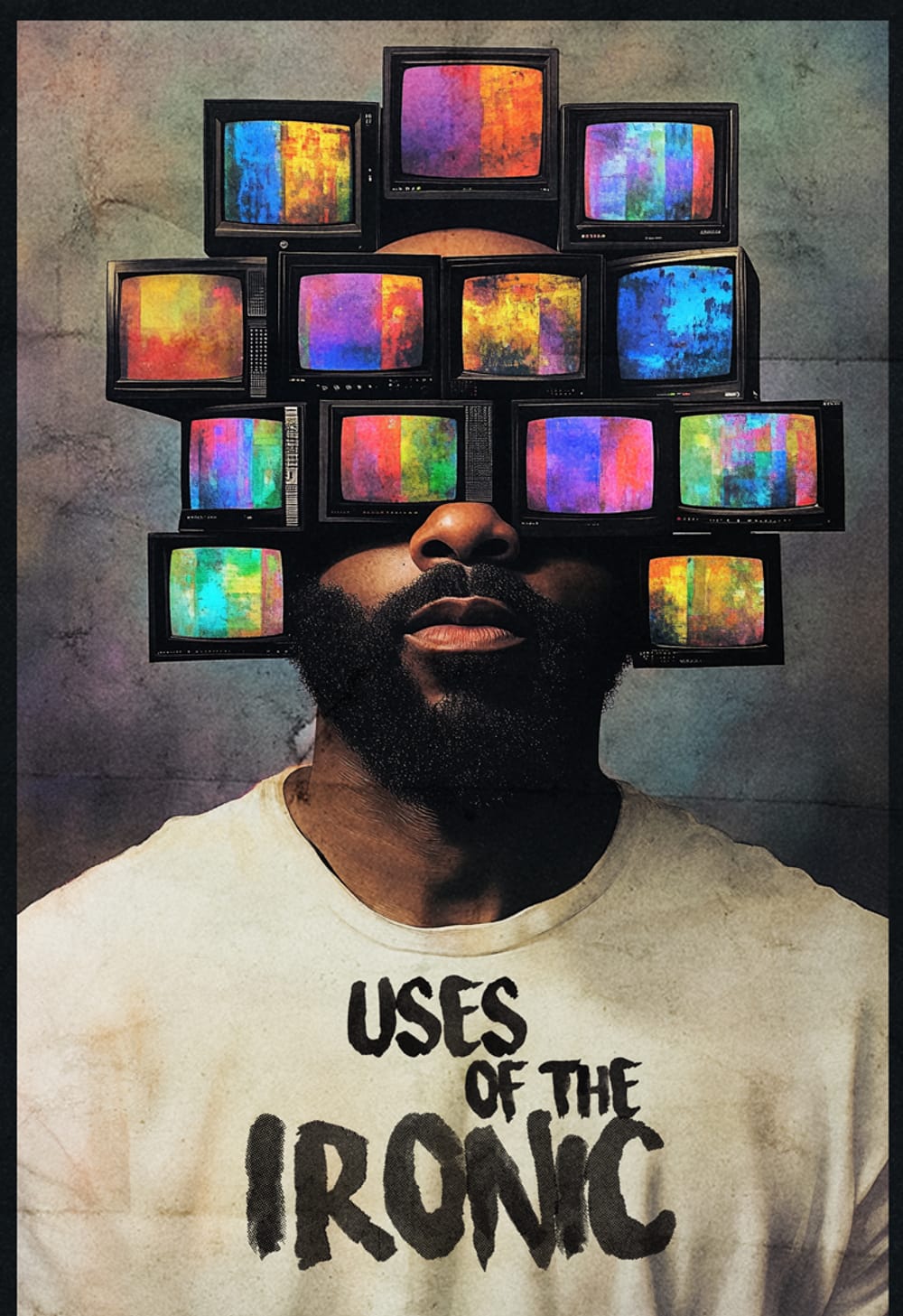 Portrait of Zakat. Several TVs with screens splashed with color cover his face. Wears a shirt that says Uses of The Ironic