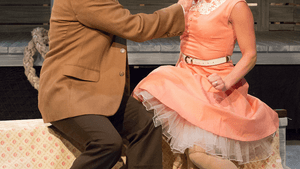 Patrick Romano's James, a nuclear spy, proposes to Eileen Cella's Lynn. (Photo by Mark Garvin.)