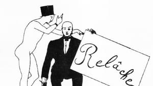 An illustration with a human figure with a top hat next to a figure in a black suit, holding a sign that reads Relâche