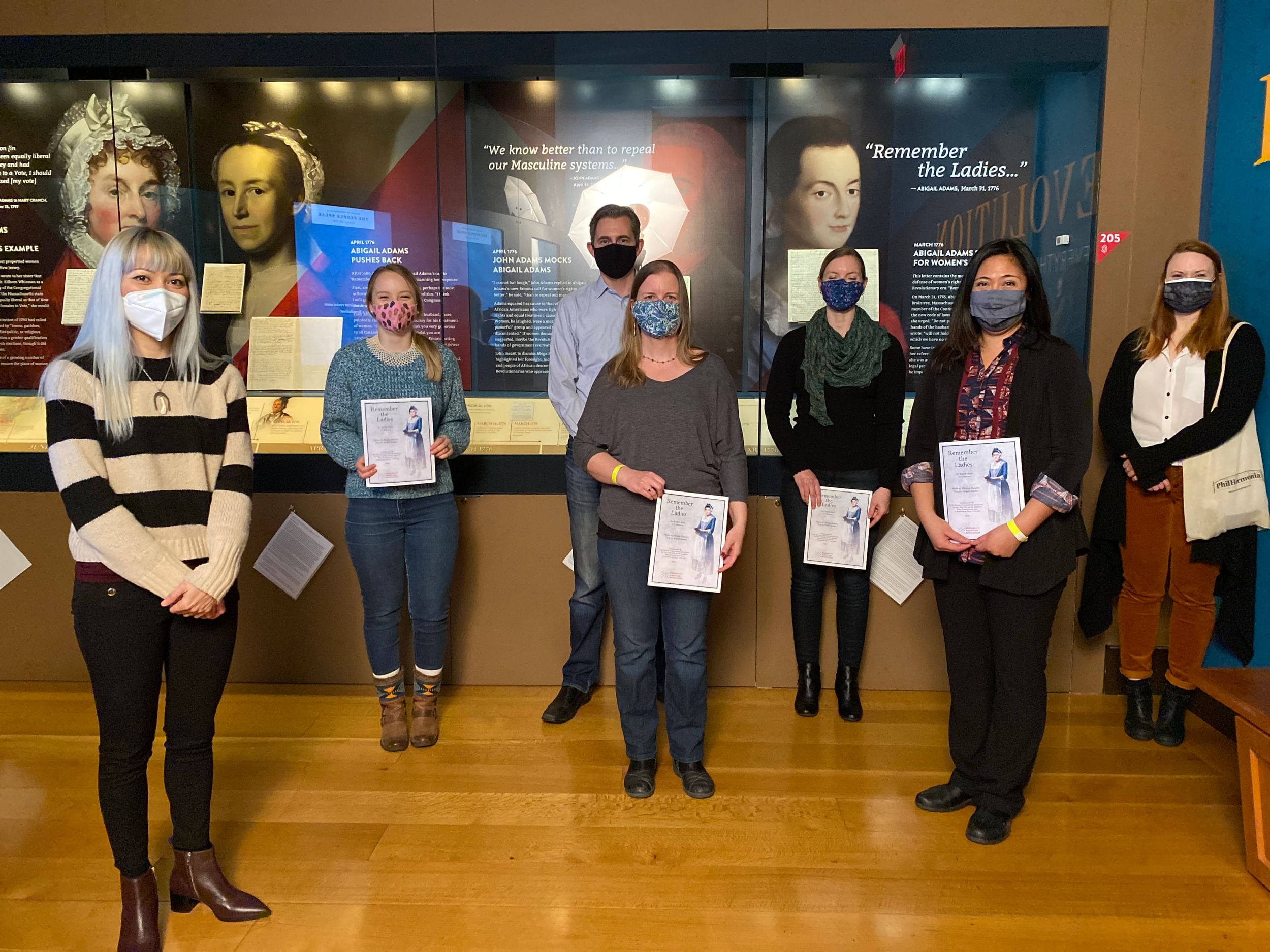 Choral singing is about community: composer Melissa Dunphy (left) visits the famous letter with members of PhilHarmonia. (Photo courtesy of the Museum of the American Revolution.)