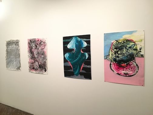 McFarlane and Rodriguez installation. L to R: First two by Tim McFarlane, second two by Miguel Rodriguez. (Photo by Jennifer Zarro.)