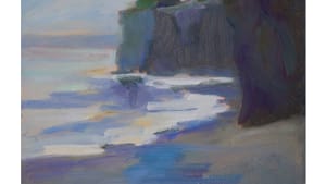 Book cover: title & author in plain black & brown text below an impressionistic painting of a cliff by the ocean.