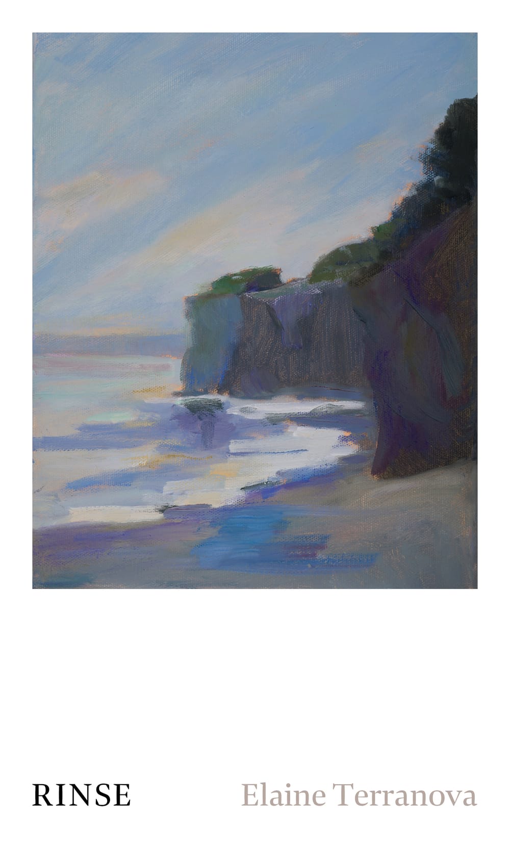 Book cover: title & author in plain black & brown text below an impressionistic painting of a cliff by the ocean.