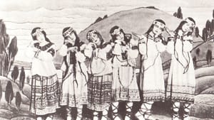 Dancers in the original production of 'Rite of Spring,' with Nicholas Roerich's costumes and set design. (Photo via Creative Commons/Wikipedia.)