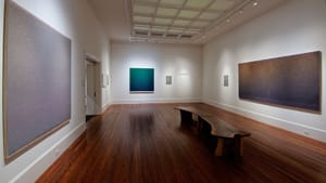 A view of the show: abstract paintings up to about 6 feet long on white walls, and a dark, shiny wooden floor below.