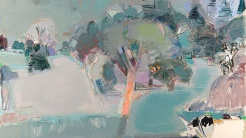 A warren Rohrer painting that evokes a field, trees, and a wide path, done in cool gray and turquoise with splashes of orange