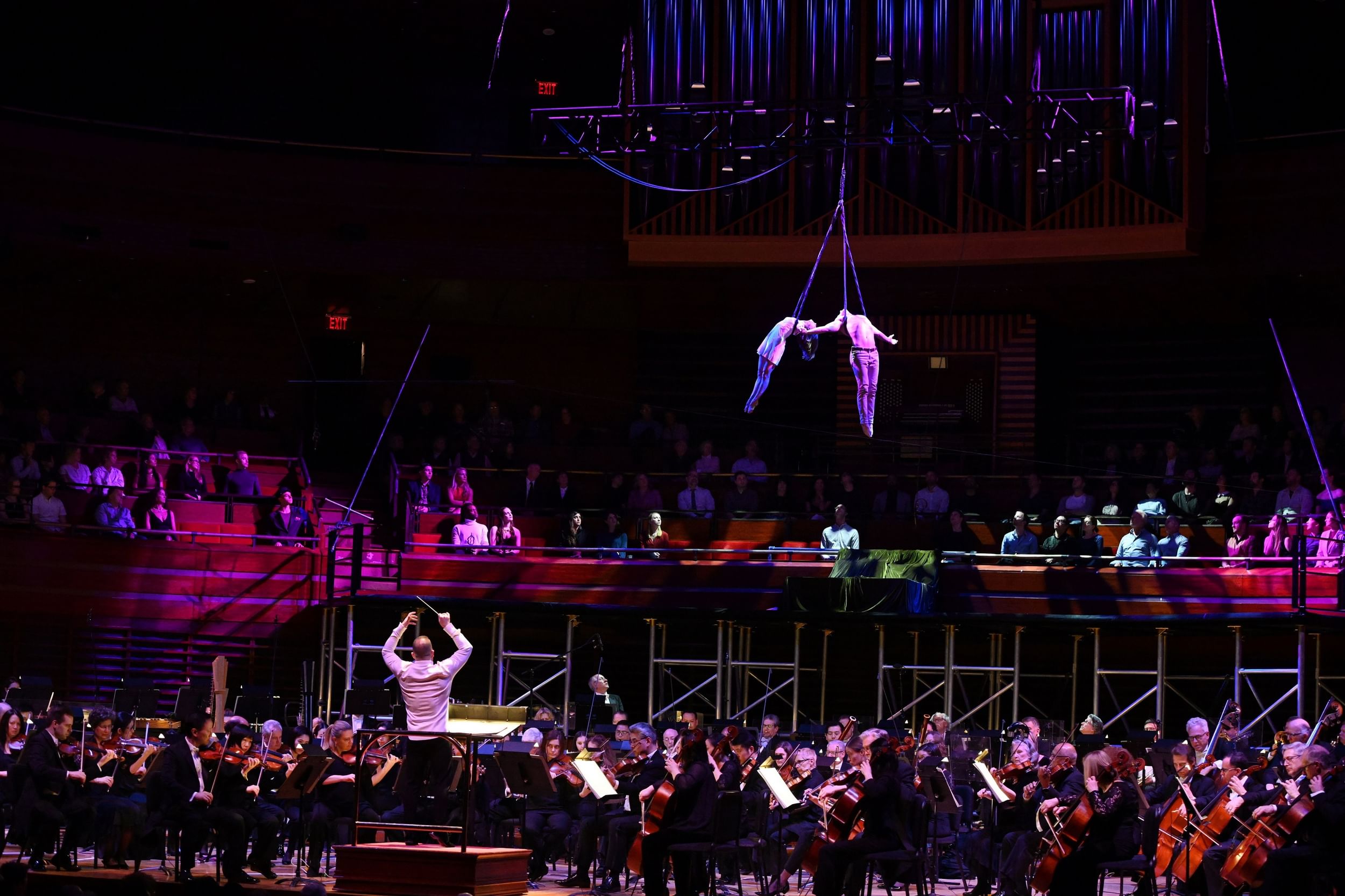 Aerial work was an especially good fit for ‘Romeo and Juliet’: Julia Higdon and Teddy Fatscher with the Philadelphia Orchestra. (Photo by Pete Checchia.)