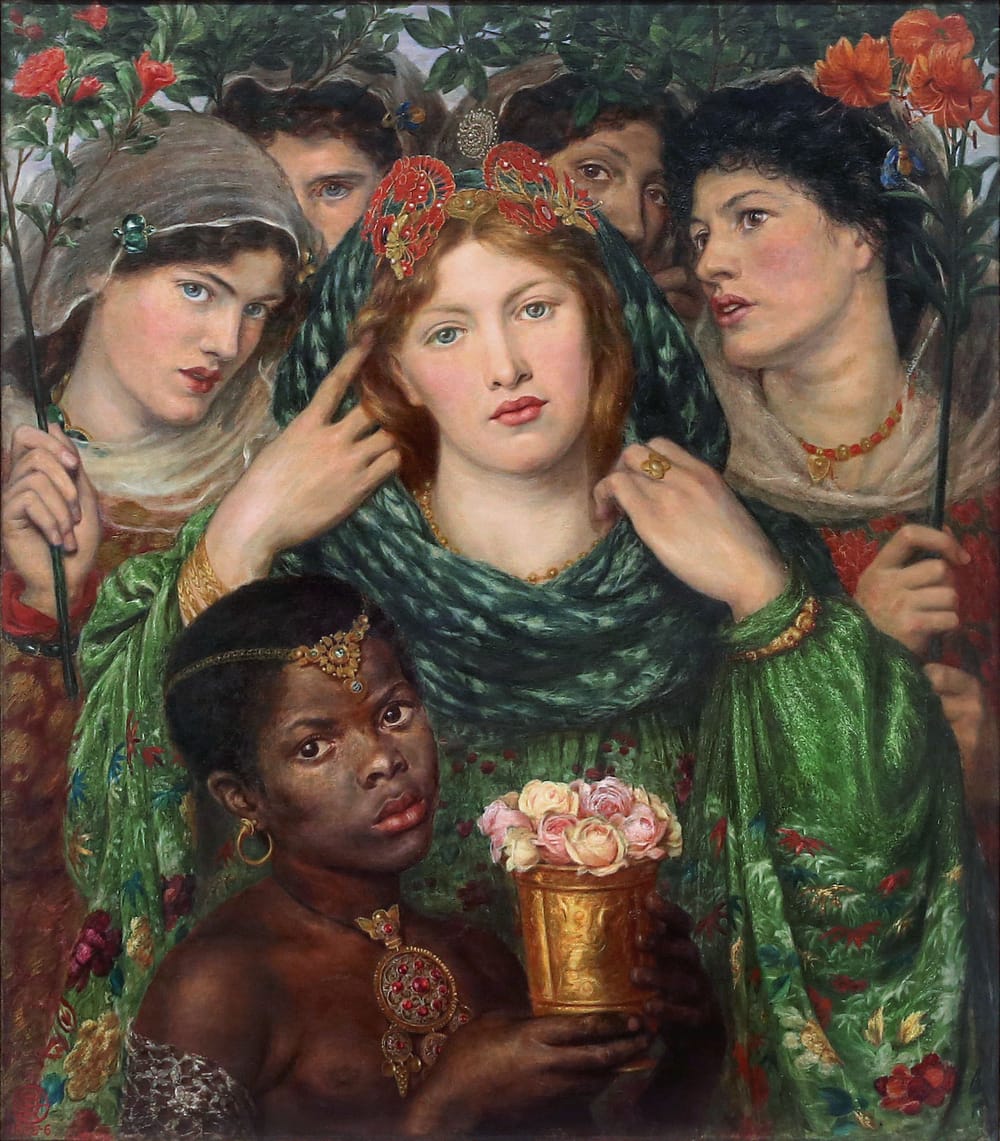 Four pale women surround one at center in a luxurious green robe; a Black child holds a burnished cup of pink roses at front.