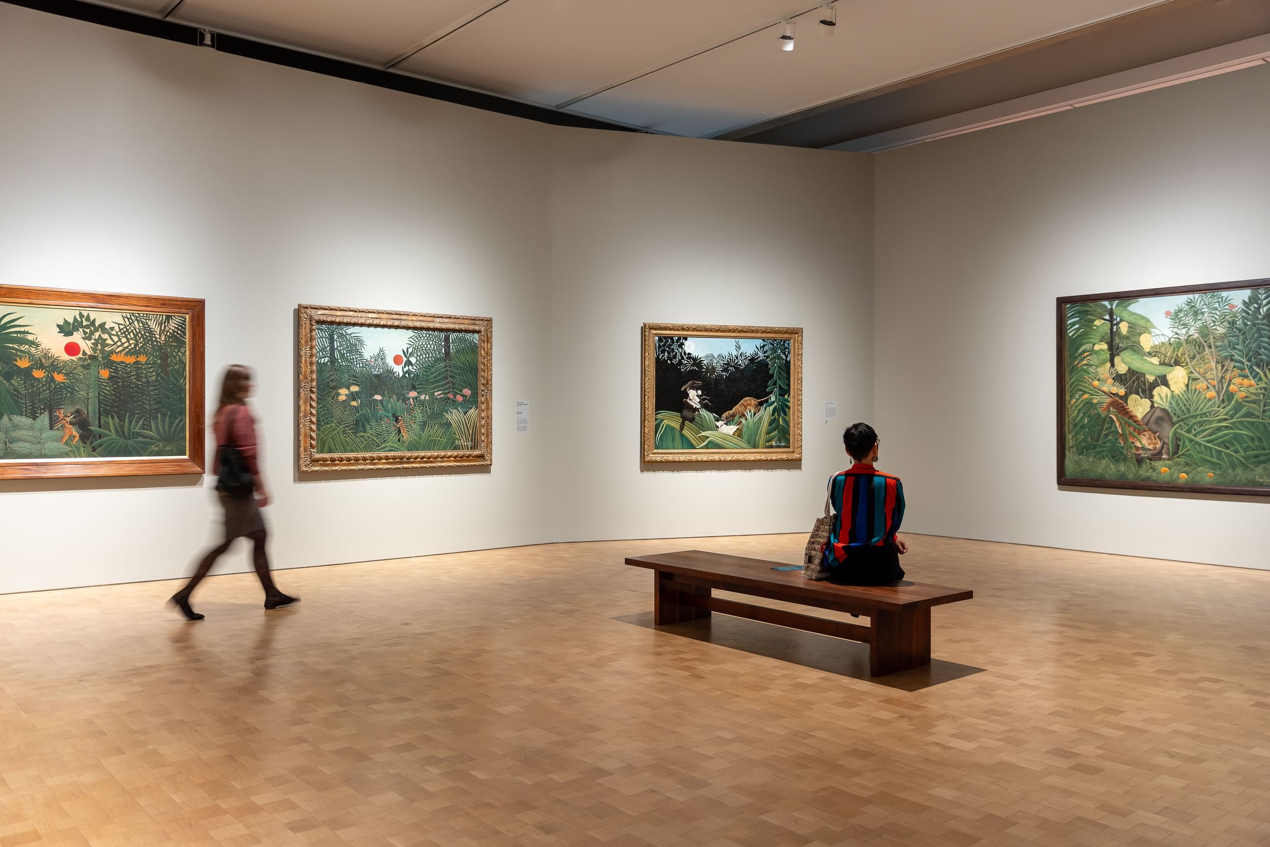 Two people, one sitting and one walking, in a white-walled Barnes gallery with several of Rousseau’s jungle paintings.
