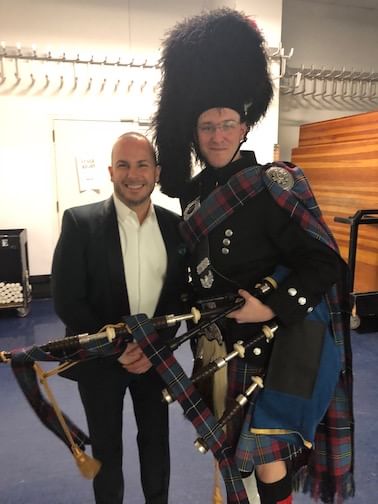 Yannick Nézet-Séguin with Gary Hughes, pipe corporal with the Philadelphia Police & Fire Pipes and Drums. Lang may his lum reek. (Photo courtesy of the Philadelphia Orchestra.)