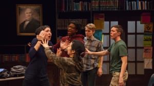 L to R: Lexie Braverman, Brett Robinson, Bi Jean Ngo, Maggie Johnson, and Emily Lynn tussle in the Men's Education Peer Group. (Photo courtesy of Interact Theatre Company.)