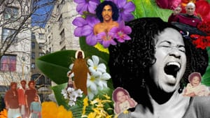 A collage featuring images of Prince, Star Trek, family photos, and buildings. Flowers populate the image