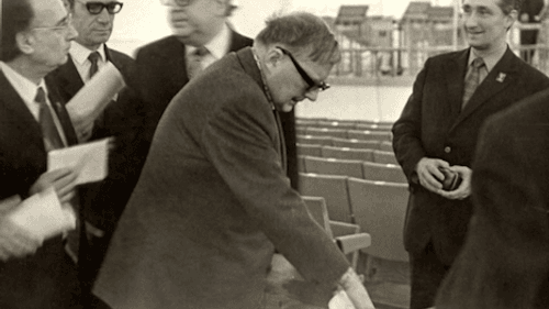 Shostakovich voting in the election of the Council of Administration of Soviet Musicians in Moscow in 1974. (Photo via Creative Commons/Wikimedia)