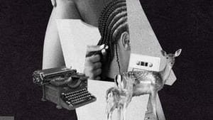 The book cover, with a black & white collage including Black body parts, typewriter, cassette, filing cabinet, deer & figs.