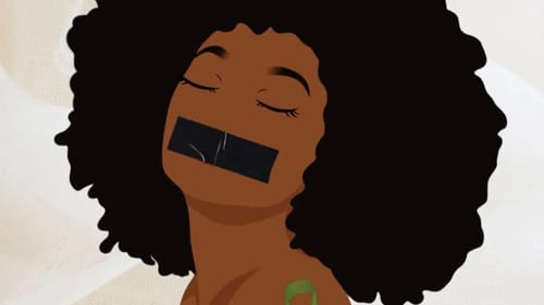 Show logo: an illustration of a Black woman with an afro, her head tipped back and eyes closed, black tape over her mouth