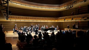 A view from the back of the Perelman Theater: Dinnerstein and the orchestra members take a bow to a standing ovation.