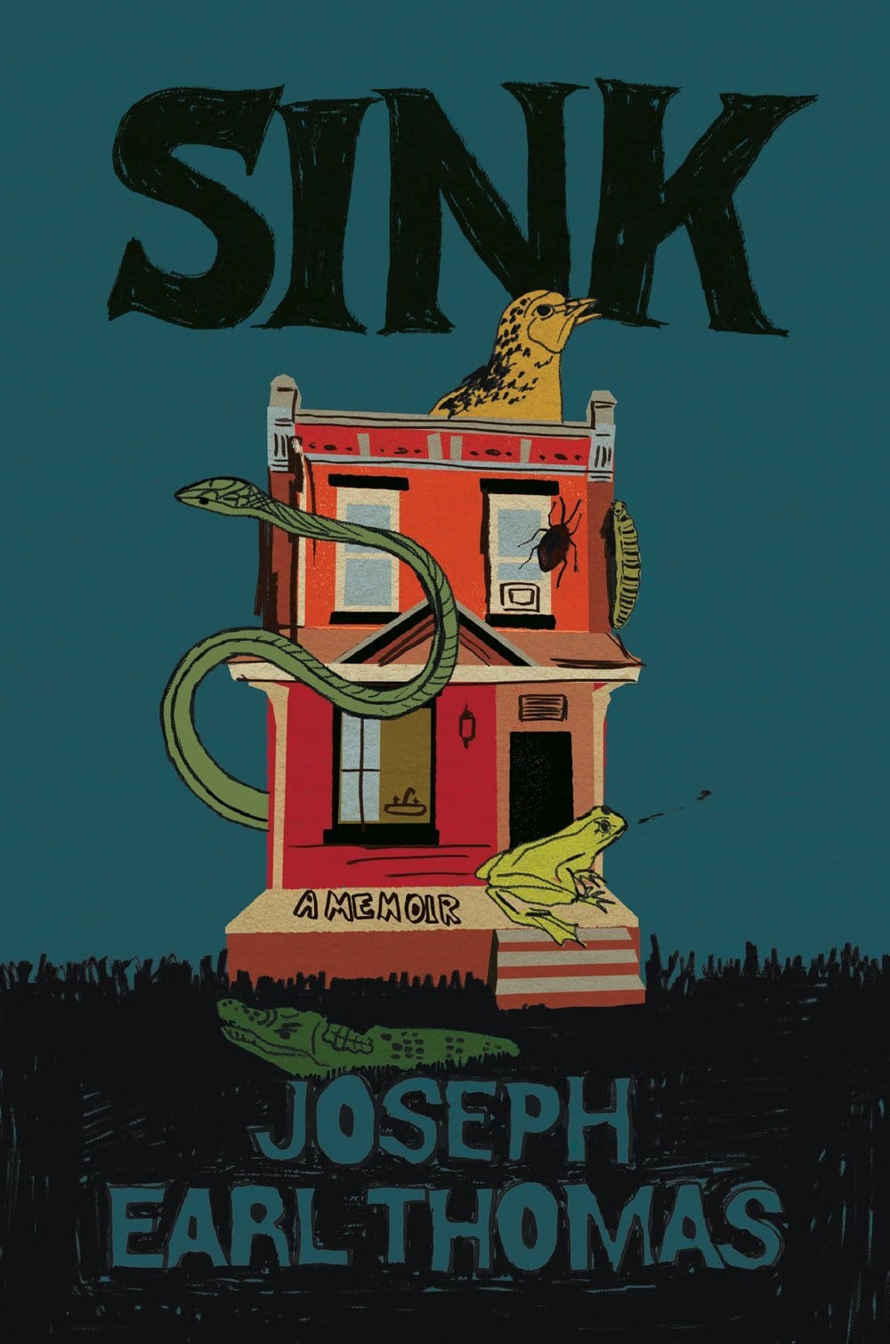 Book cover: title over drawing of a rowhouse decorated with a giant snake, frog, bird, and bugs, with an alligator out front