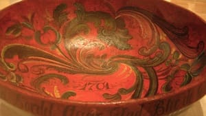 Too large to be passed, this Norwegian ale bowl (c. 1850) was used like a punchbowl. Its inscription reads, in part, “Like a flower I stand on the table. Happy will be the guests who take a drop from me." (Photo by Pamela Forsythe.)