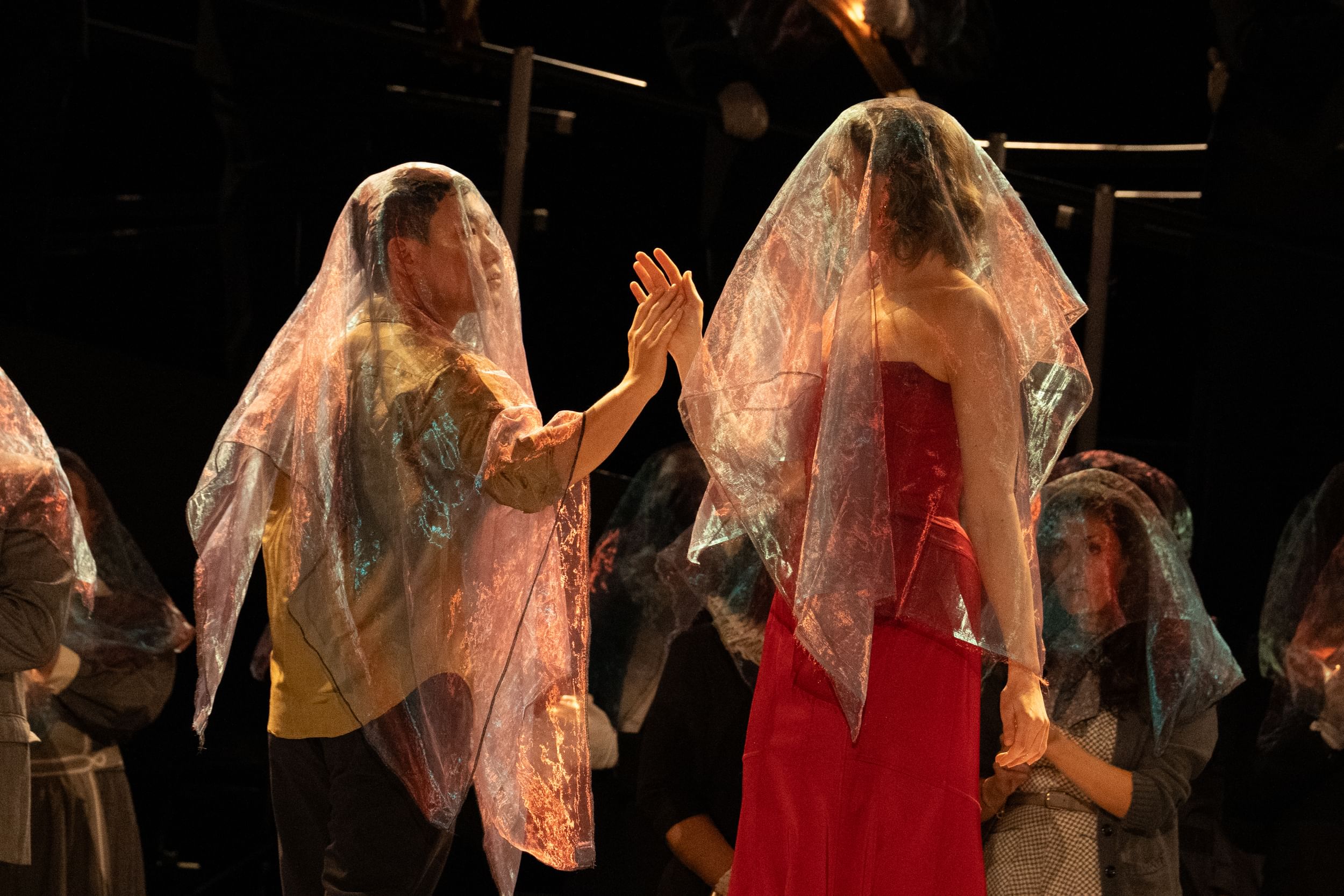 Closeup on Park & Burgess wearing diaphanous opalescent veils and tentatively touching hands.