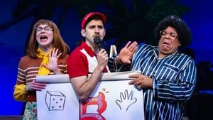 The actors hold a large paper pad with a number 5 on it, Chandler-Berat holding a mic and the others making goofy expressions