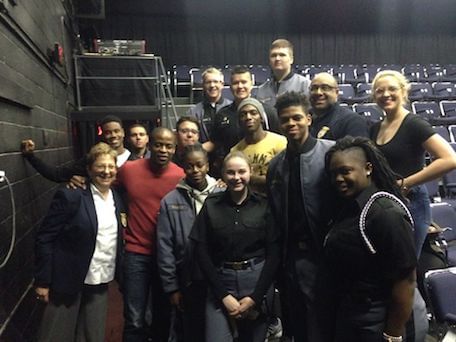 Soldiers Theatre with actor Dulé Hill (in red shirt) at People's Light's production of 'Lights Out.' (Photo courtesy of Sean Chambers.)