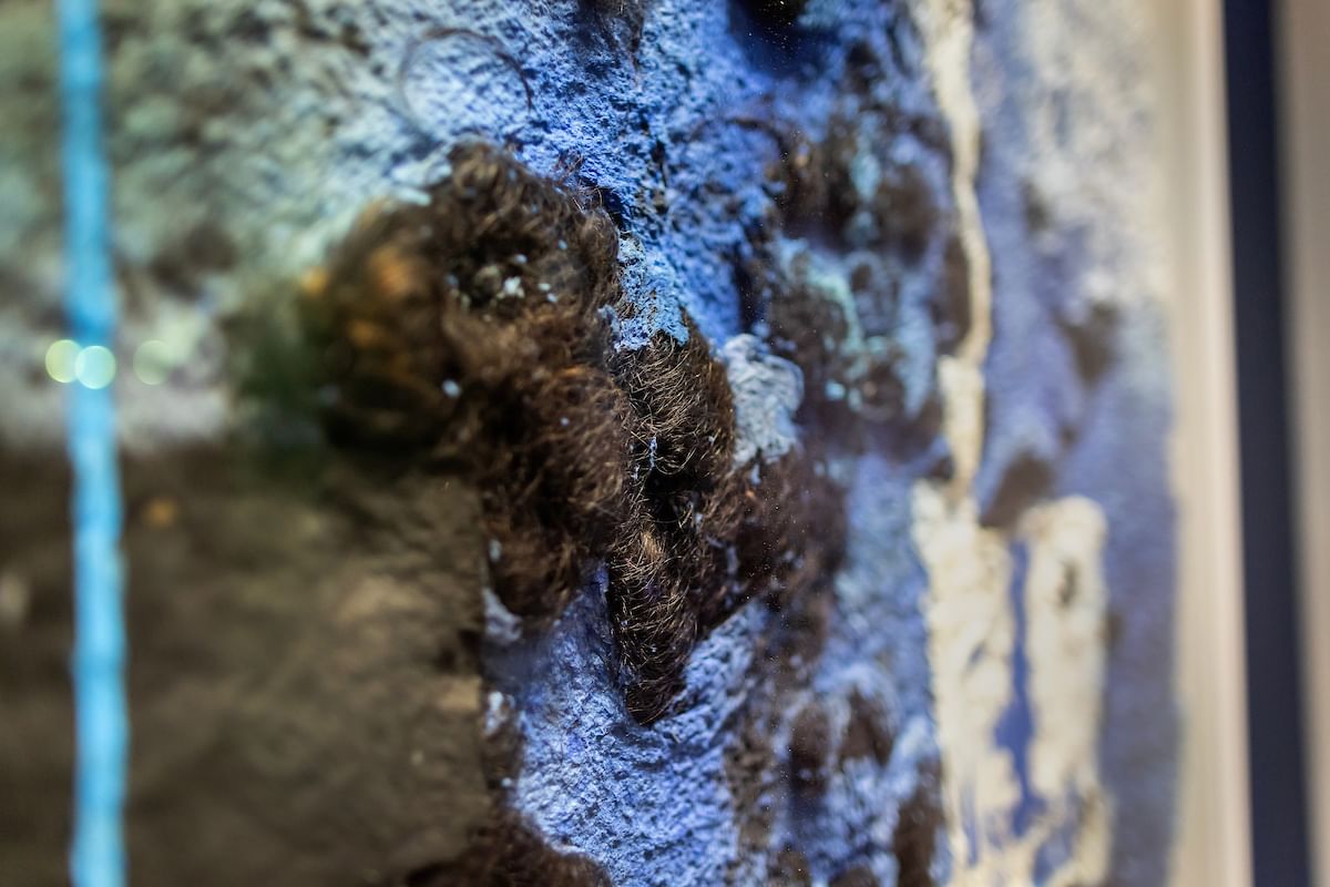 Close-up on Gbadebo’s work: textured daubs of blue and white material with dark-brown tufts of hair nestled in.