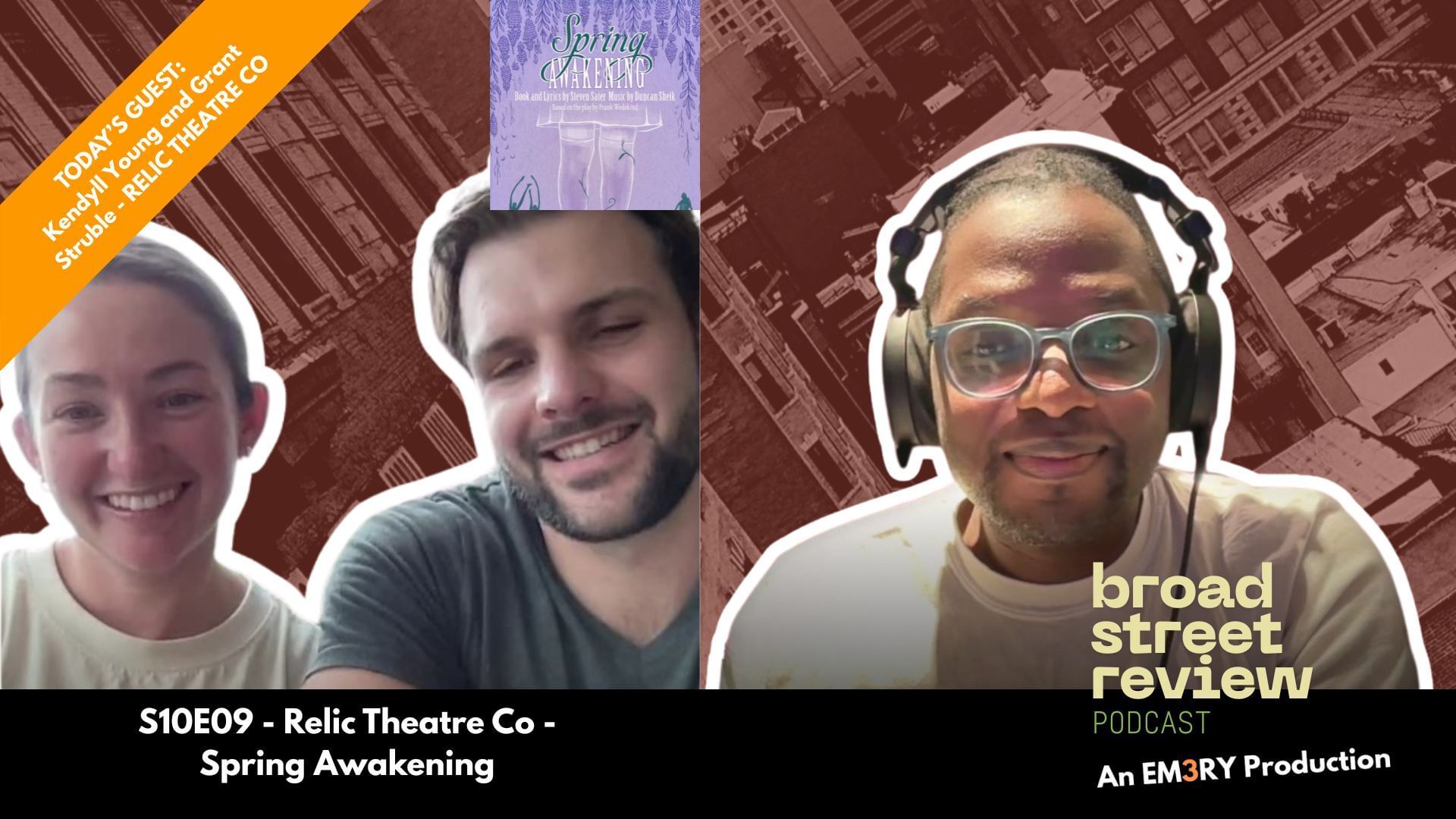 Illustration shows Kendyll, Grant, and Darnelle side by side with a cityscape behind them, with Spring Awakening & BSR logos