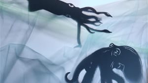 A graceful, silhouetted shadow-puppet scene of a realistic squid and octopus in a sea of transparent fabric.