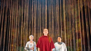 Joan of Arc (Clare O’Malley, center) in the company of her embodied voices, Mary Tuomanen and Tai Verley. (Photo by Matt Urban at Mobius New Media.)