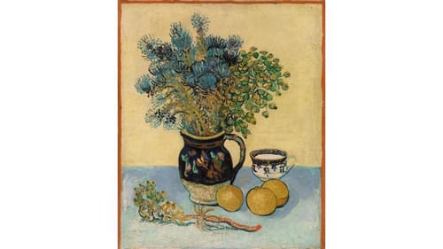 Painting of a brown pitcher with luxuriant blue & yellow bouquet next to three lemons and a delicate teacup on a blue table.