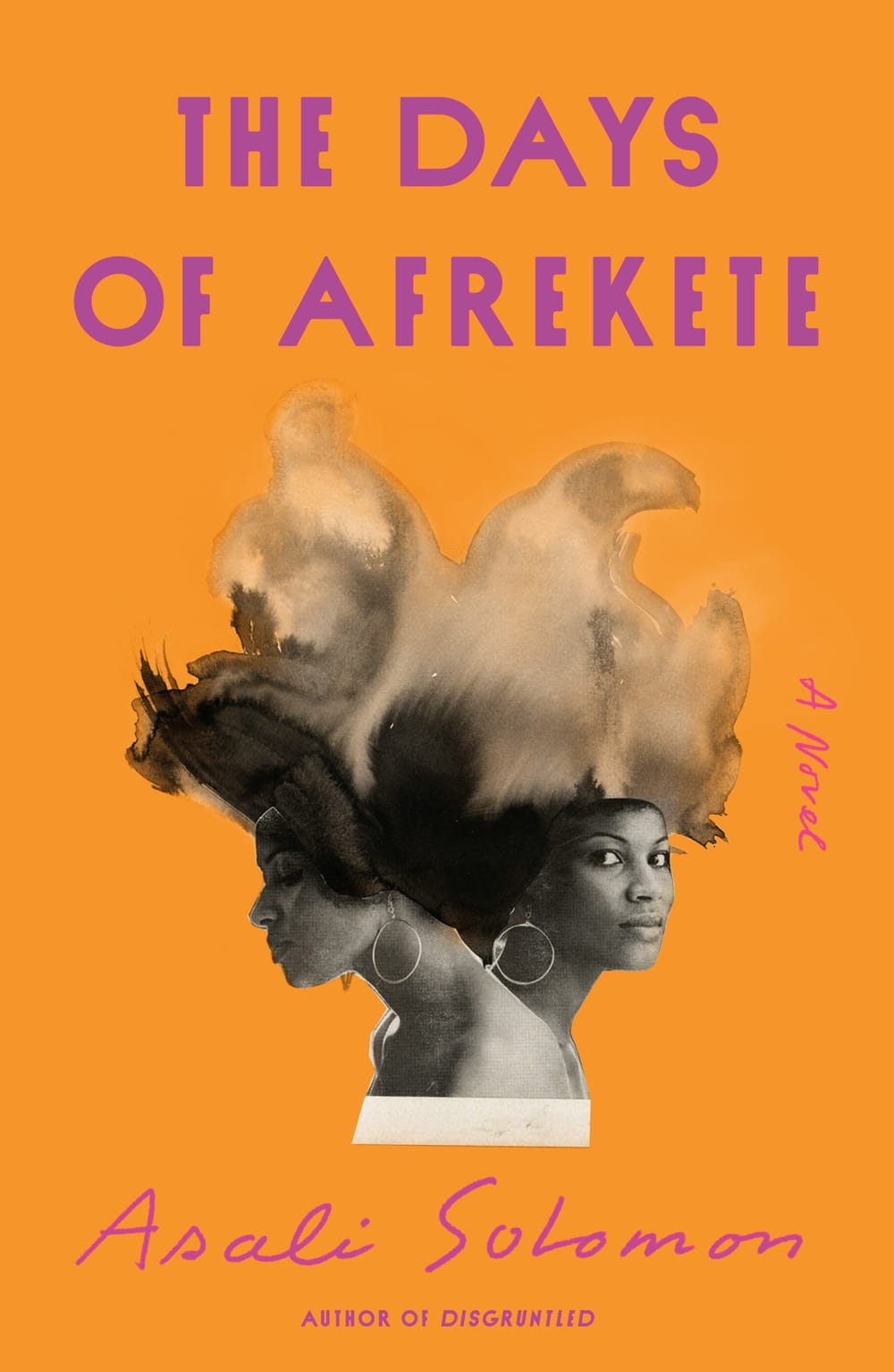 The cover. Title & author in purple letters on orange field, with 2 black & white photos of Black women, hair becoming smoke