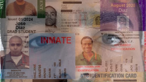 Transparent color close-up of Díaz’s face superimposed over a variety of ID cards from in and out of prison.