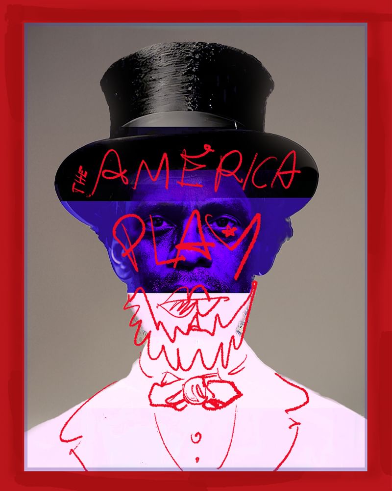 The logo, a collaged close-up image of a Black man wearing a Lincoln hat, his lower face & shoulders illustrated in red lines